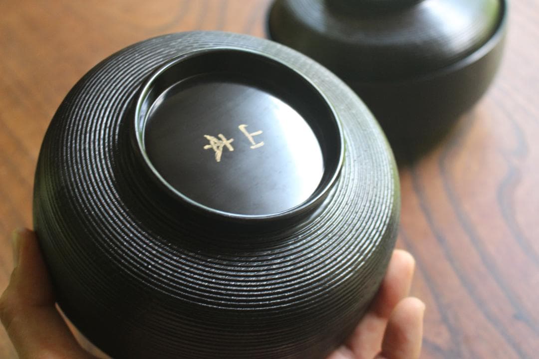 デッドストック！極上糸目黒漆に風情ある吹寄せ蒔絵の映える大椀2点（検輪島塗雑煮椀