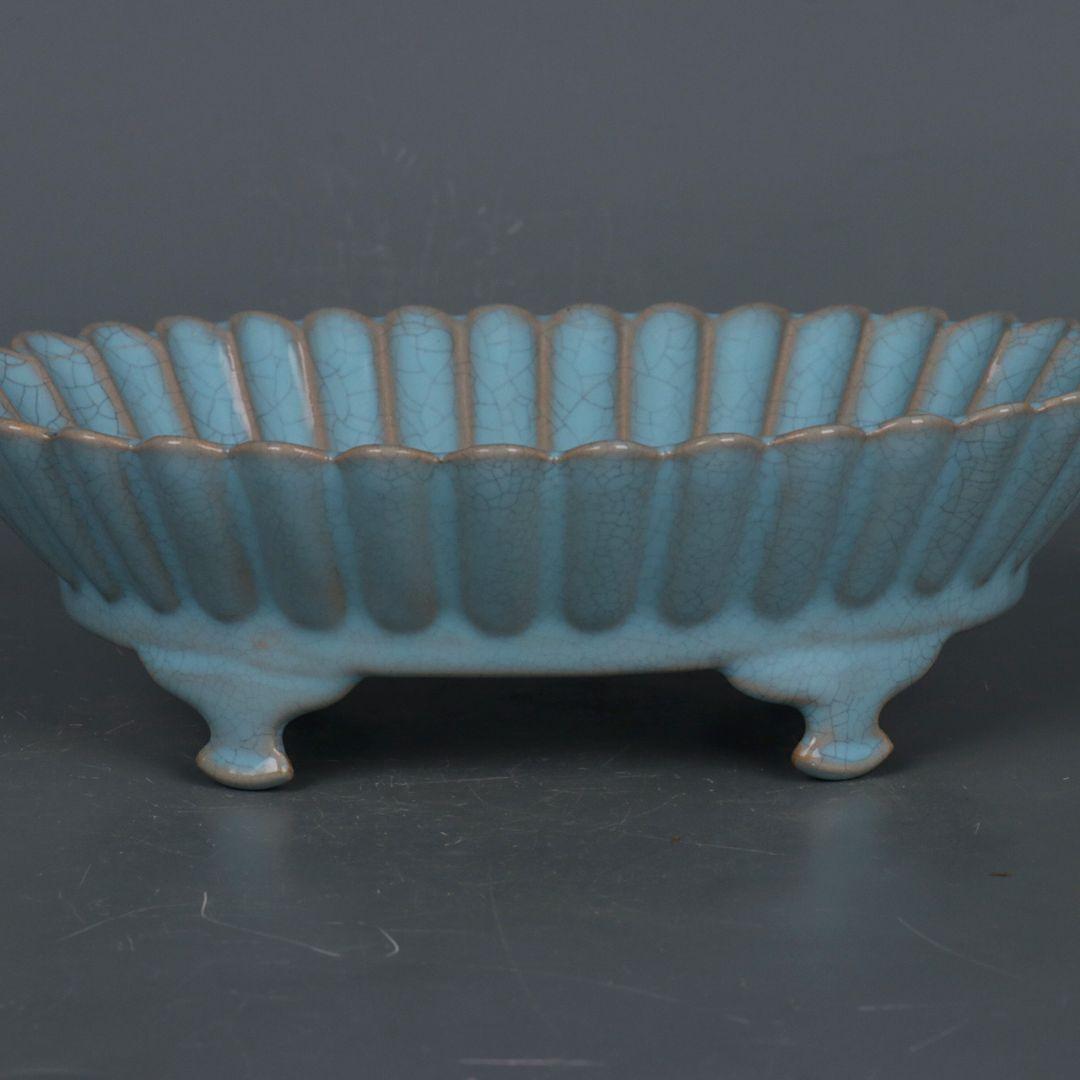 宋汝窯藍釉菊花弁水仙盆 筆洗 書道具 文房具 現代工芸品 美術品 置物