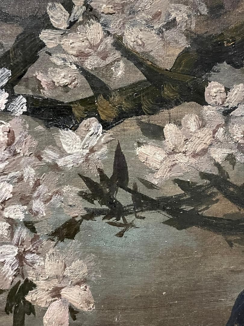 「真作」作者不明「桜の図」風景画　油彩画　額装　サイン有り