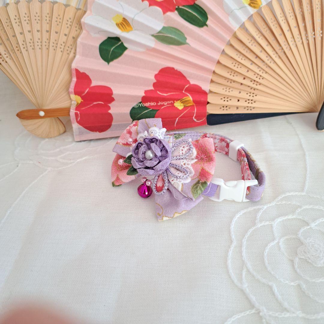 お正月仕様(水色②)つまみ細工付き和風リボン、わんちゃん猫ちゃん用