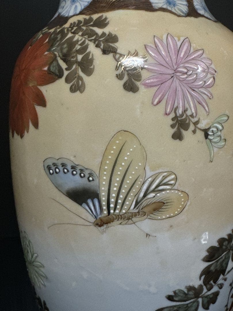 超絶技巧 明治期 極上 金蘭彩色 花蝶図 花瓶 花生 壷