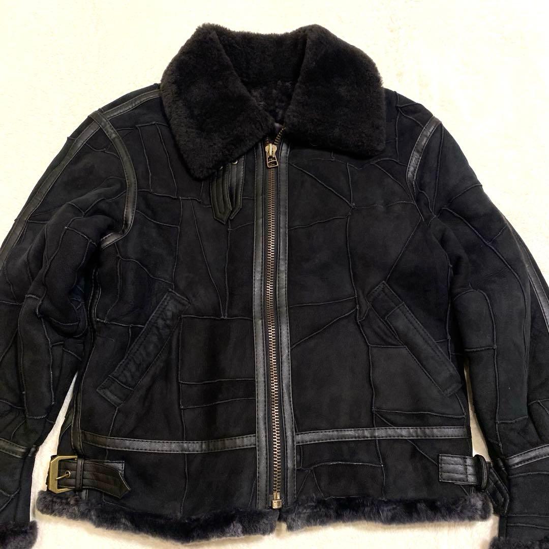 ムートンジャケット ブラック パッチワーク 羊革 B-3タイプ 韓国製 メンズM