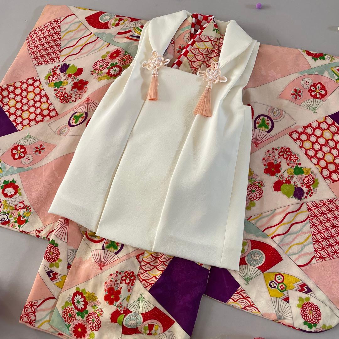 七五三　３歳　女の子　正絹　アンティークお着物　セット　正絹白地の被布コーデ