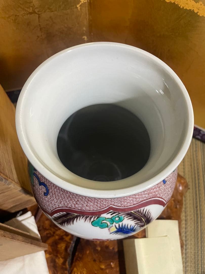 古九谷焼 二代 徳田八十吉 造 龍鳳文花瓶 柳雨軒 號　魁星　共箱　陶歴付き