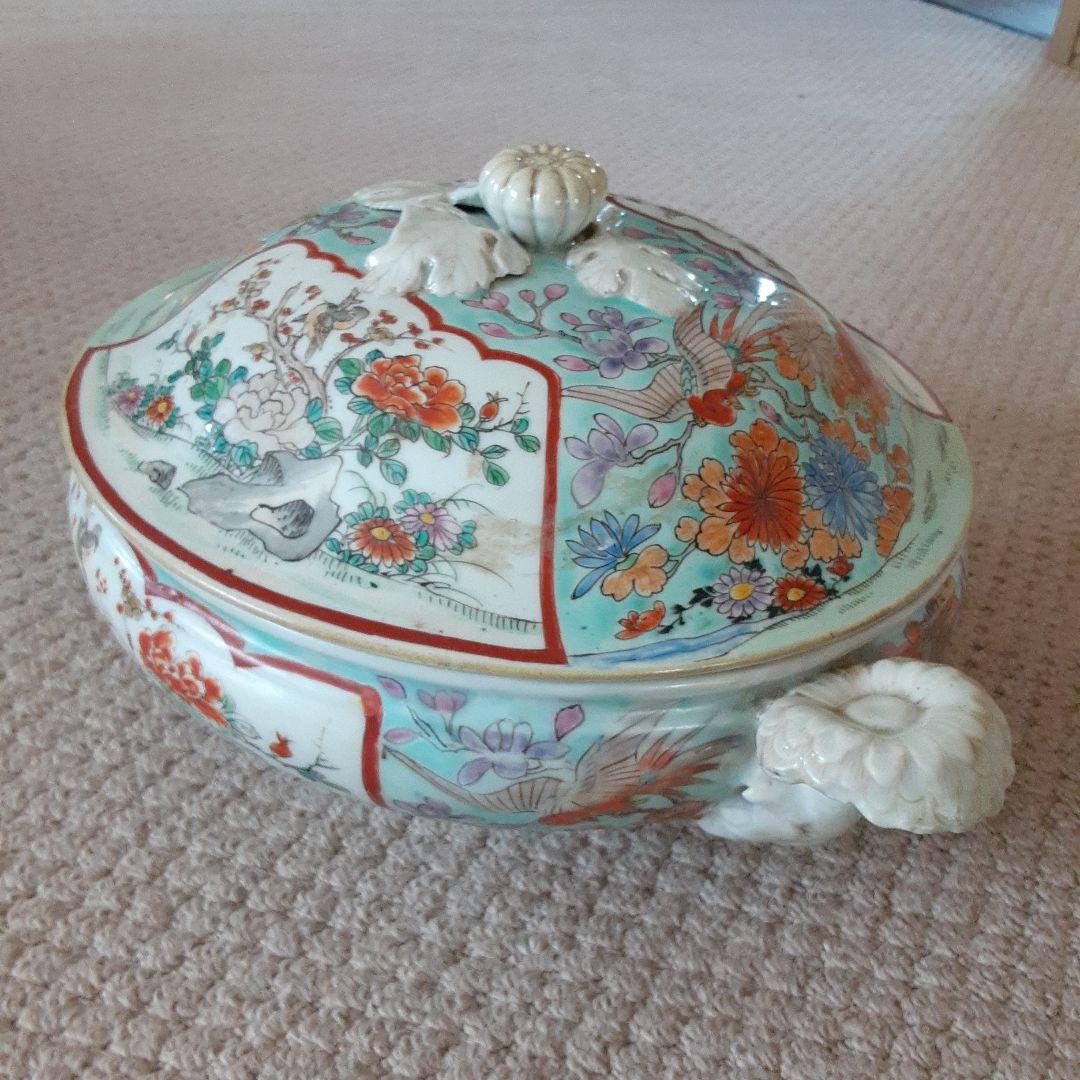 古い伊万里の肥蝶山信甫の西洋食器/幕末明治里帰り有田焼骨董/花鳥手描