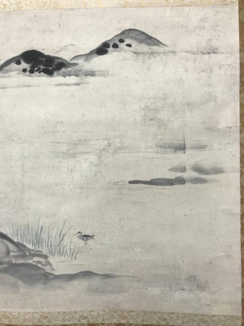 【真作】狩野伊川院/湖畔に水鳥図/山水図/横物/掛軸/名家伝来/AC-218