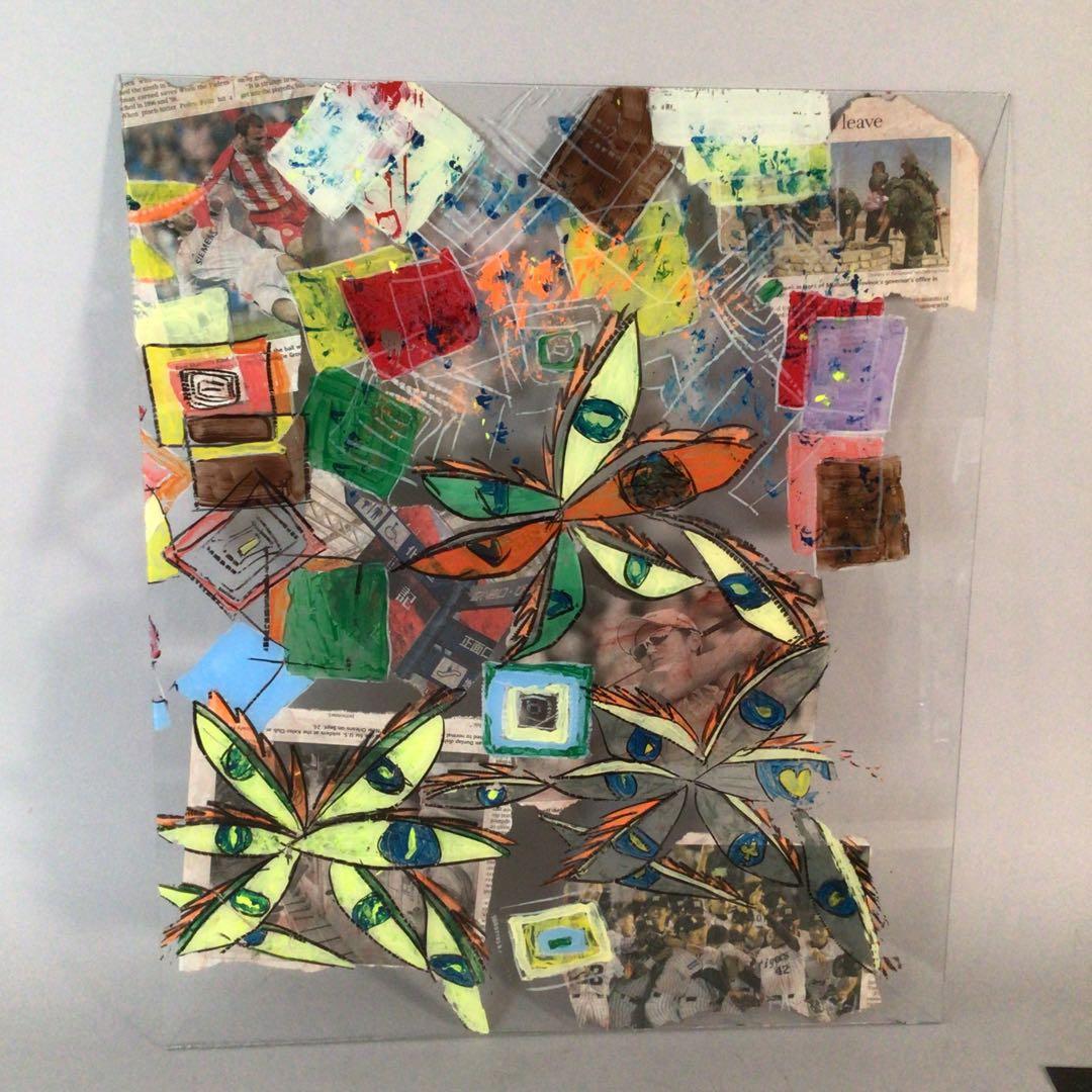 No3716 ガラス絵　荒木敬　「楽描 Ⅱ」紙箱付　コラージュ　抽象画　送料無料