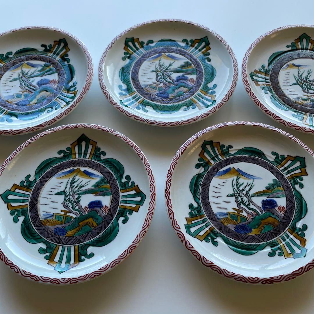 九谷焼・角福「手描き色絵 山水図 」中皿5枚揃・銘々皿