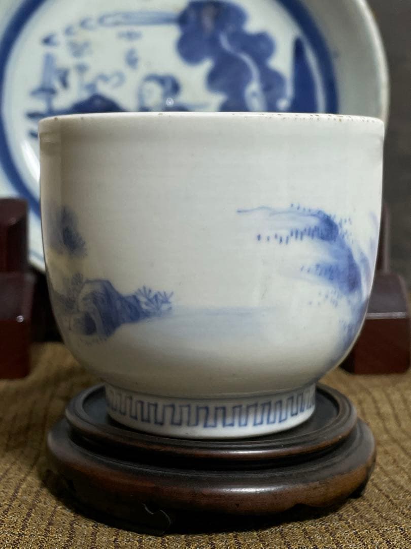 古平戸焼 染付 松竹に龍虎の図 蓋付湯呑 み茶碗 茶道具