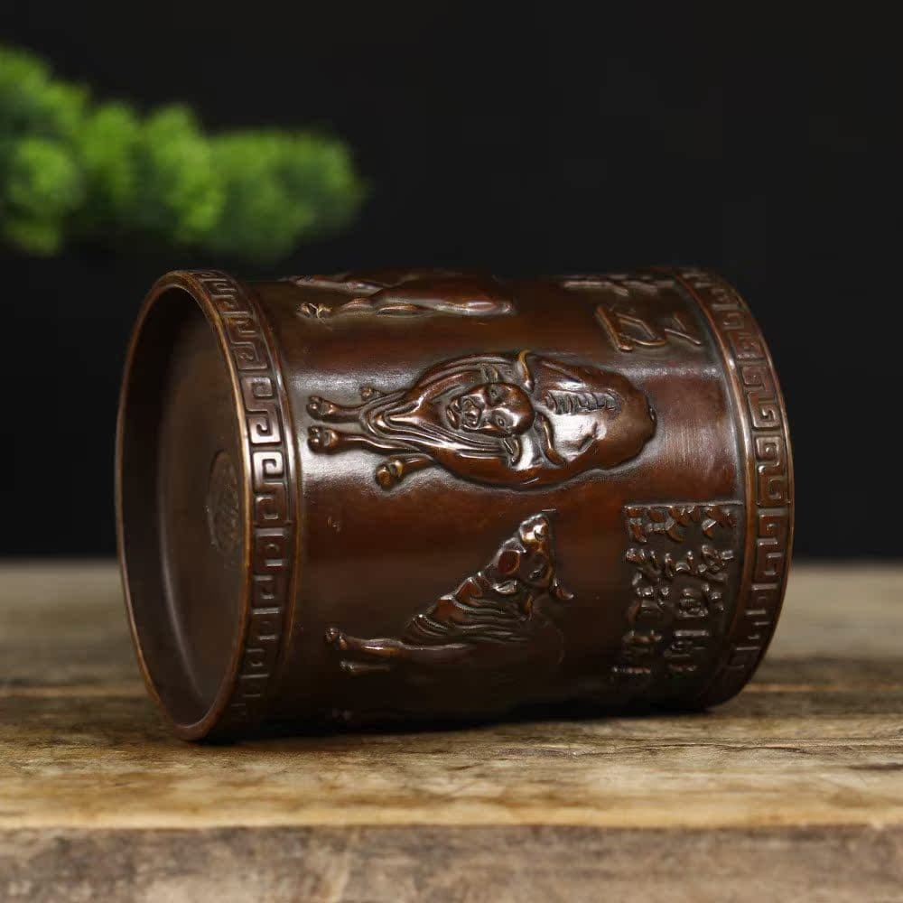 銅製 五牛図文化筆筒 書道具 文房具 筆置 筆入装飾品 工芸品 美術品