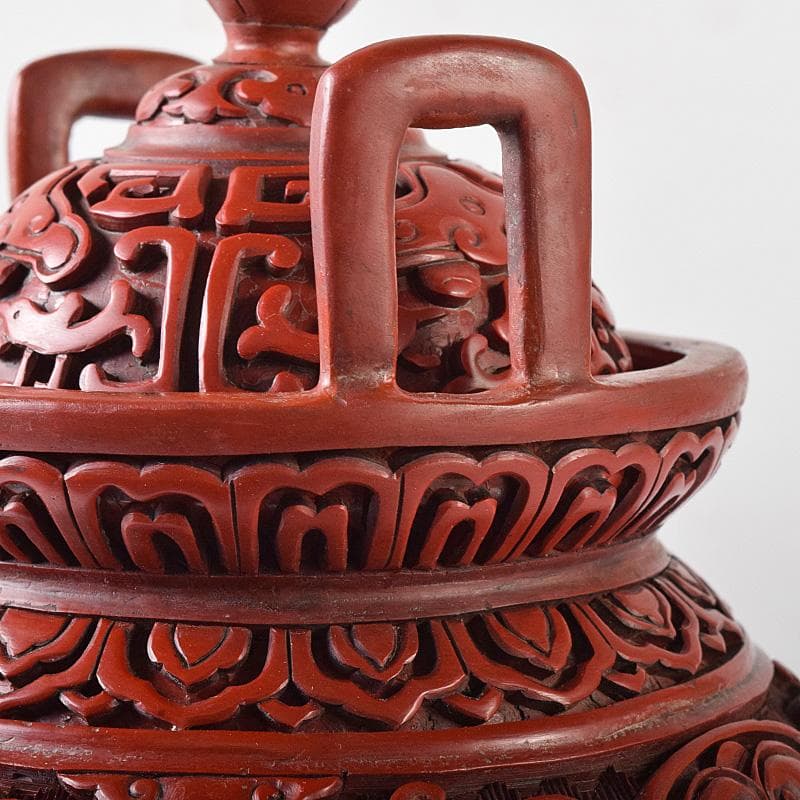 中国 剔紅 堆朱 神獣彫 香炉 唐木台付 D R8251
