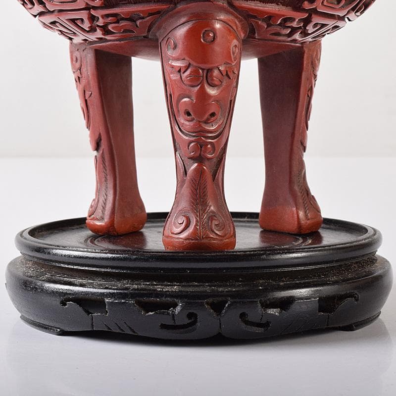 中国 剔紅 堆朱 神獣彫 香炉 唐木台付 D R8251