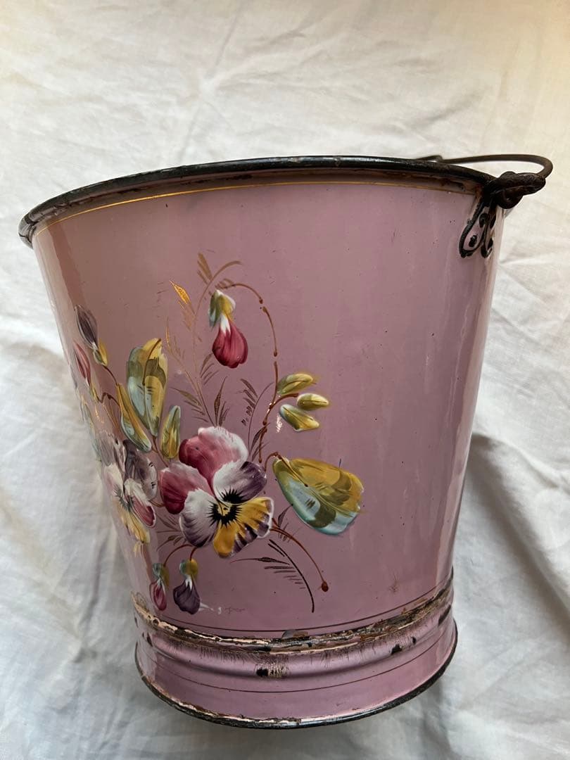 希少♡フランスアンティーク ピンク 手描き ホーロー バケツ ハンド