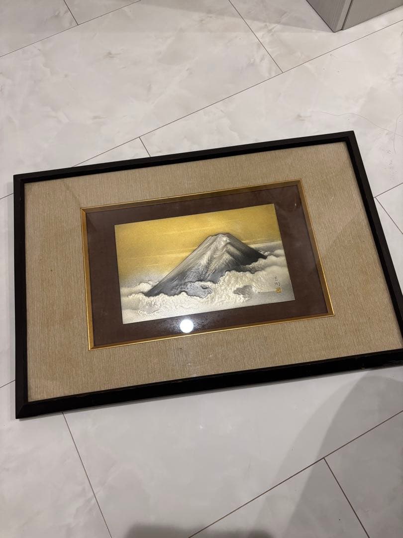 希少　田中光湖 作　金工　打出「富士山図」雲山図　彫金額