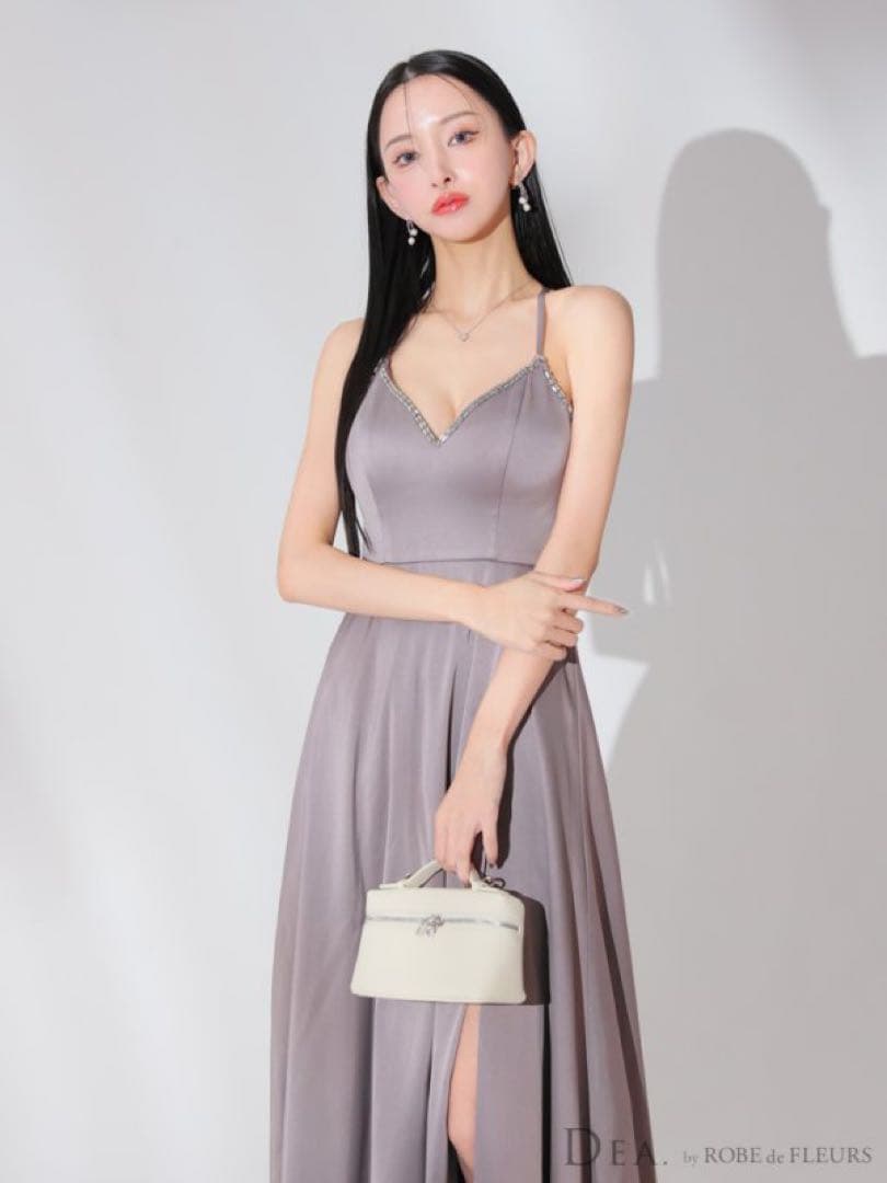 DEAディア ビジュー スリット サテン キャミ ミディアムドレス キャバドレス