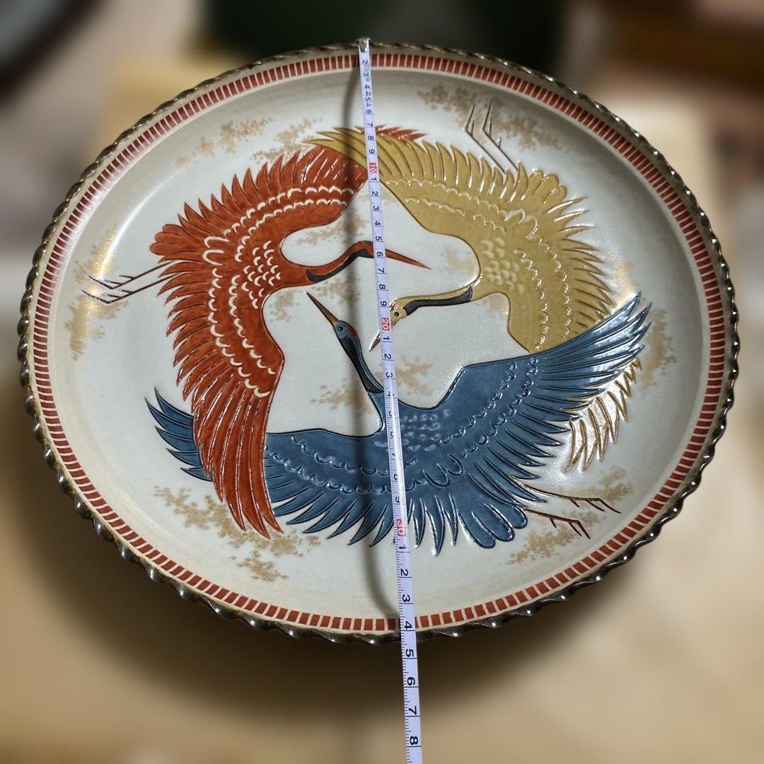 色絵三鶴　額皿　螢窯　中村翠恒氏作　34㎝　共箱入