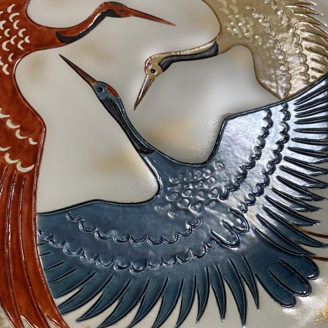 色絵三鶴　額皿　螢窯　中村翠恒氏作　34㎝　共箱入