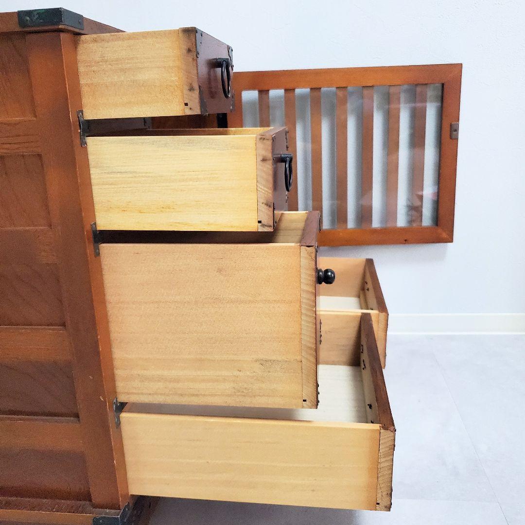 希少☆欅 車箪笥 茶棚 茶箪笥 和箪笥 古家具 小引き出し ガラス扉 車輪