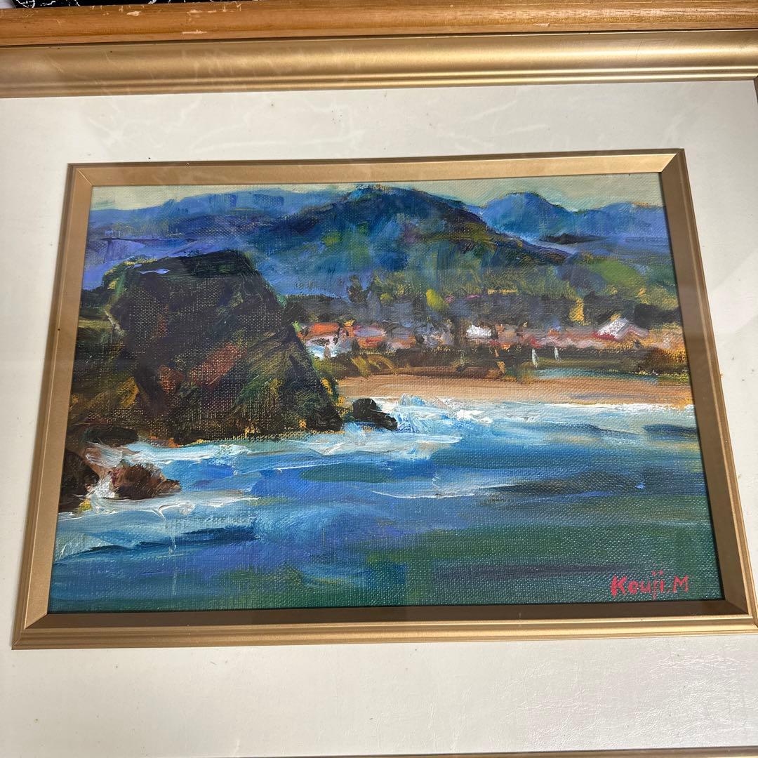 真作、三村浩二、先生。肉筆、油絵、額装。　山陰夏泊まり。