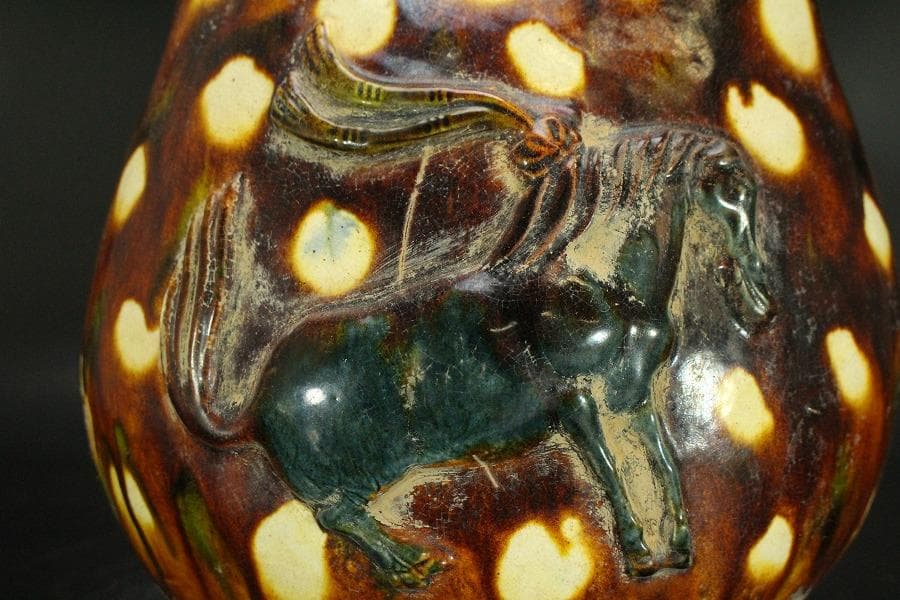 中国美術 唐三彩 貼馬紋 注瓶 壷 高29cm 希少(LC241)