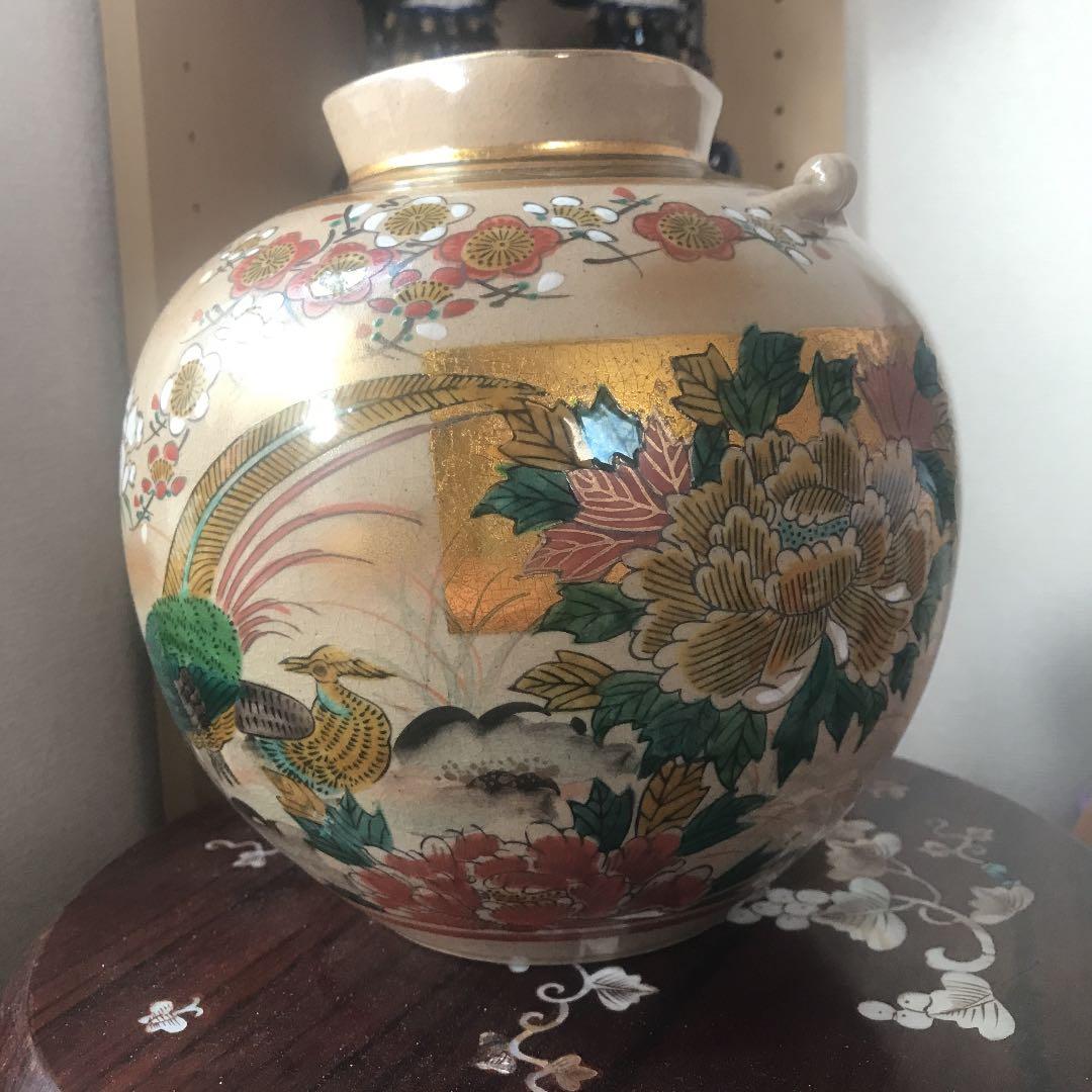骨董品 九谷焼 花瓶 金襴手 花鳥絵 壺 時代物