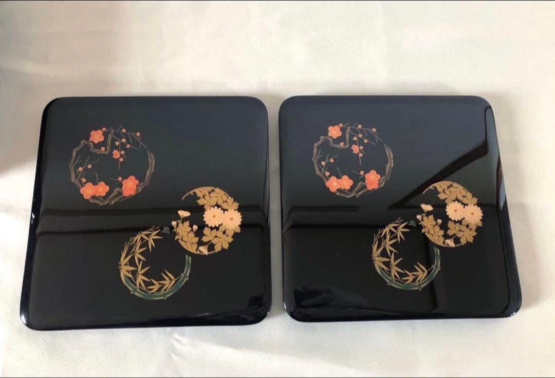 能登 輪島塗 花丸四君子蒔絵四段重箱 二枚蓋 重台付 漆器 重箱 未使用品