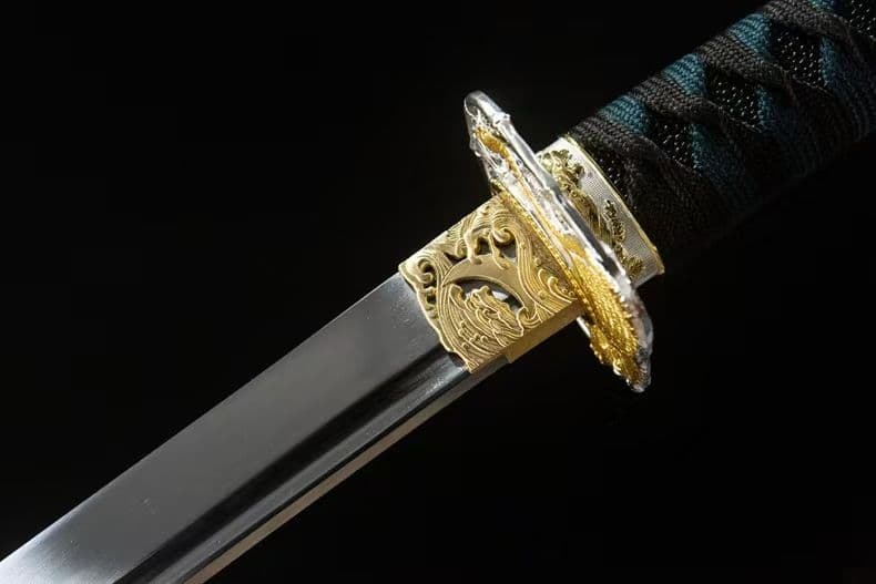 ３日内速達 緑魔太刀1060高マンガン鋼模造刀金豹刀鍔緑鞘青紐居合練習用日本刀