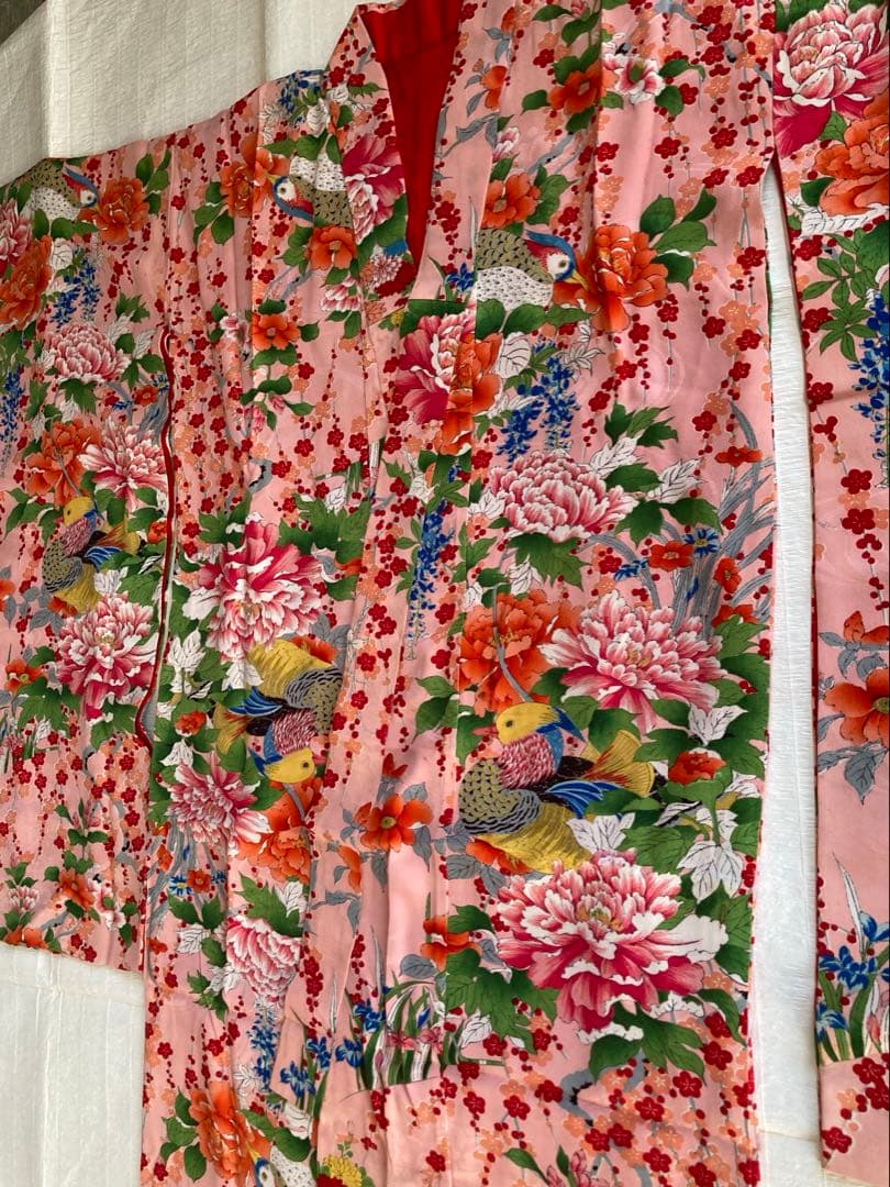 希少鳥柄　アンティーク着物帯　7歳七五三　大正ロマン　錦紗　紅絹　振袖　卒業式