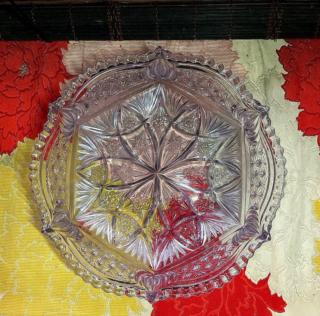 骨董 時代ガラス プレスガラス 希少 淡紫色 クリスタルカット 菓子鉢 大鉢