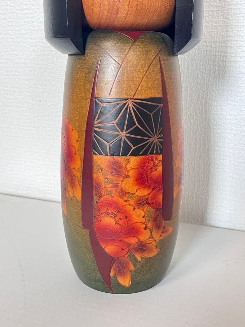 創作こけし 翠崕之作 特大 28cm 越後村上 手描き 牡丹 美術品