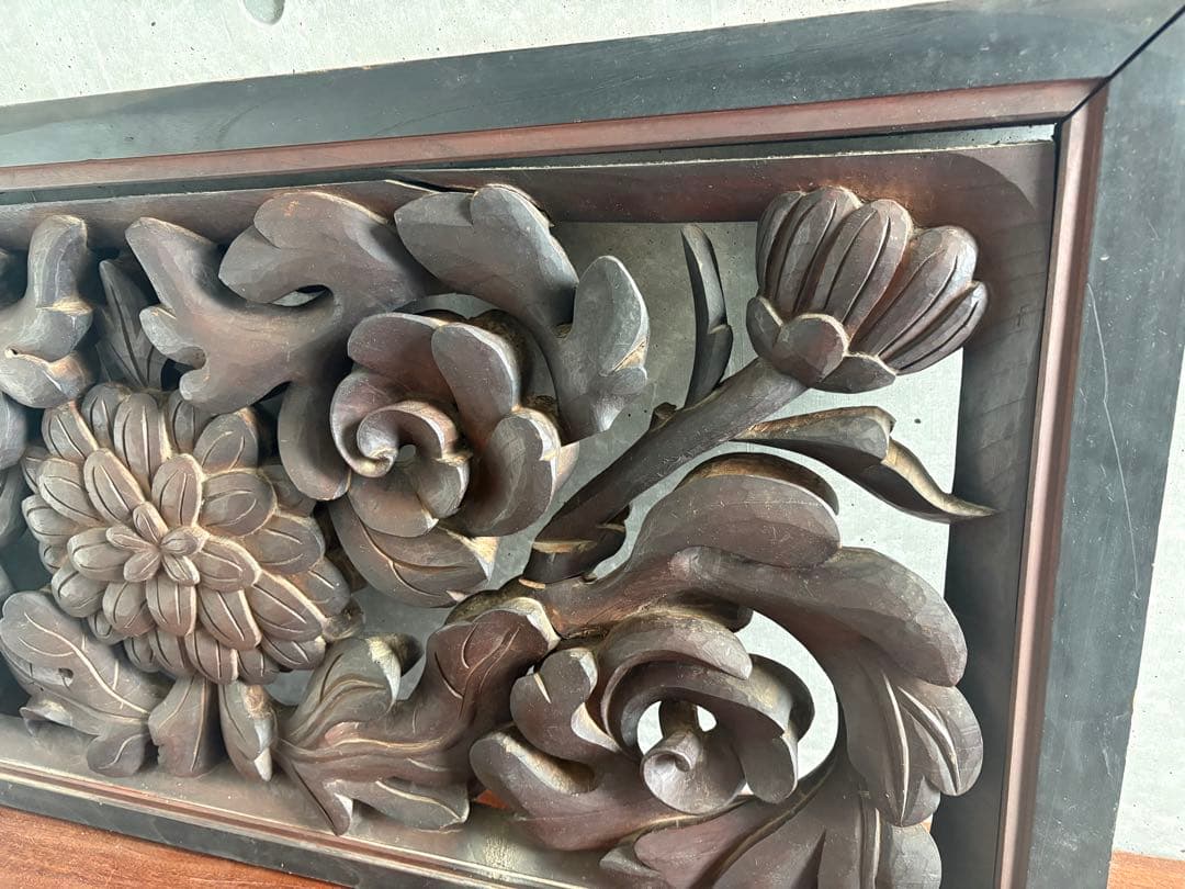 欄間 らんま 檜？木彫り 各々14kg弱 どっしり アンティーク 菊 蓮