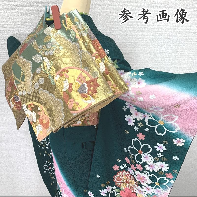 502z21.半衿〇京都きもの友禅 振袖 地紋 金彩 桜 花 緑〇美品