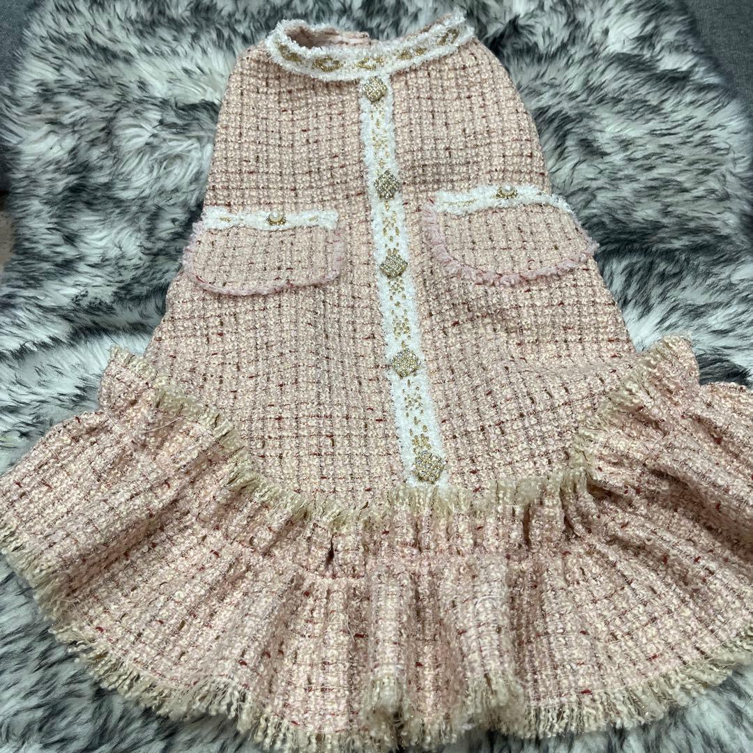 ハンドメイド犬服小花柄ニットのヒラヒラお袖キャミワンピお袖2段レース付