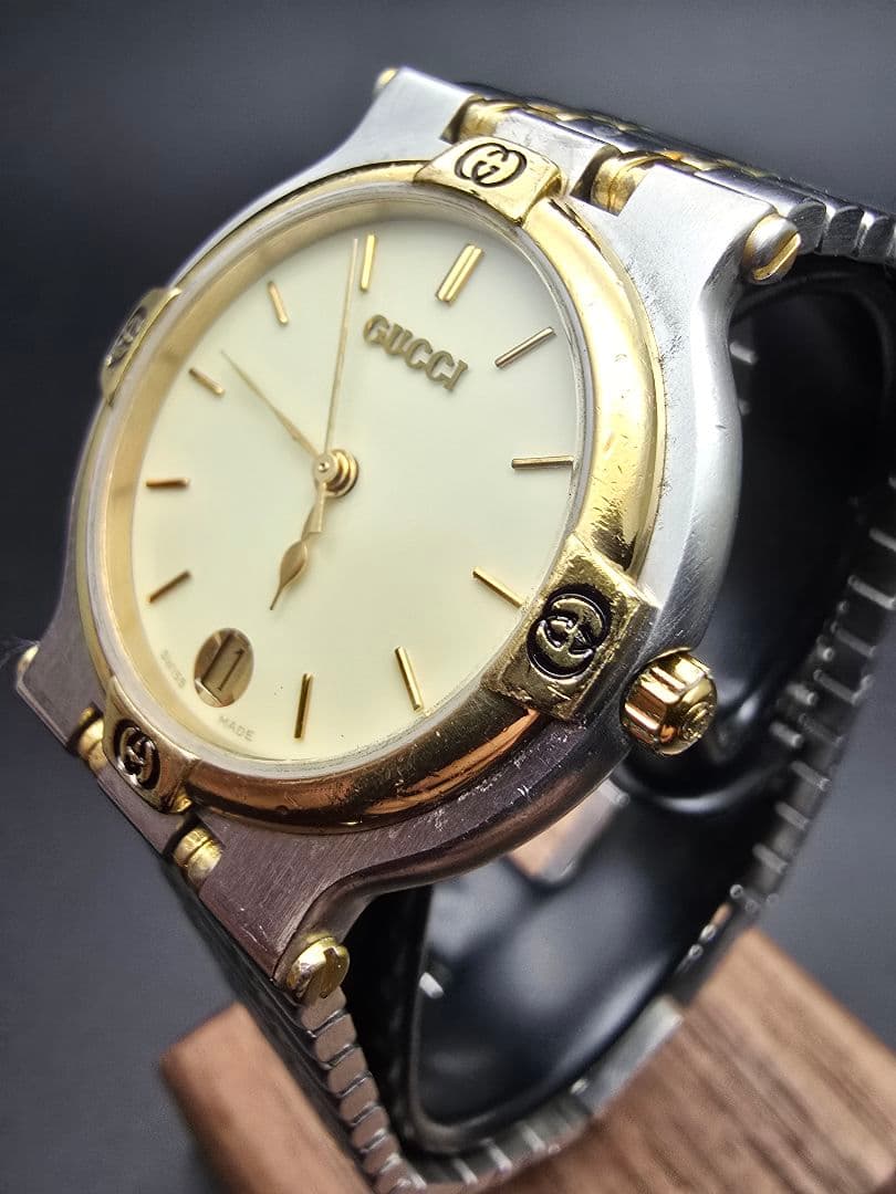 稼働品 OH済 GUCCI グッチ 9000M 腕時計 シルバーゴールド メンズ