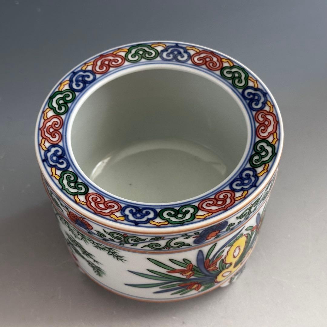 工芸品　赤絵　四君子図　香炉　五代　三浦竹泉　二重箱　信幸造純銀火舎　付　京焼