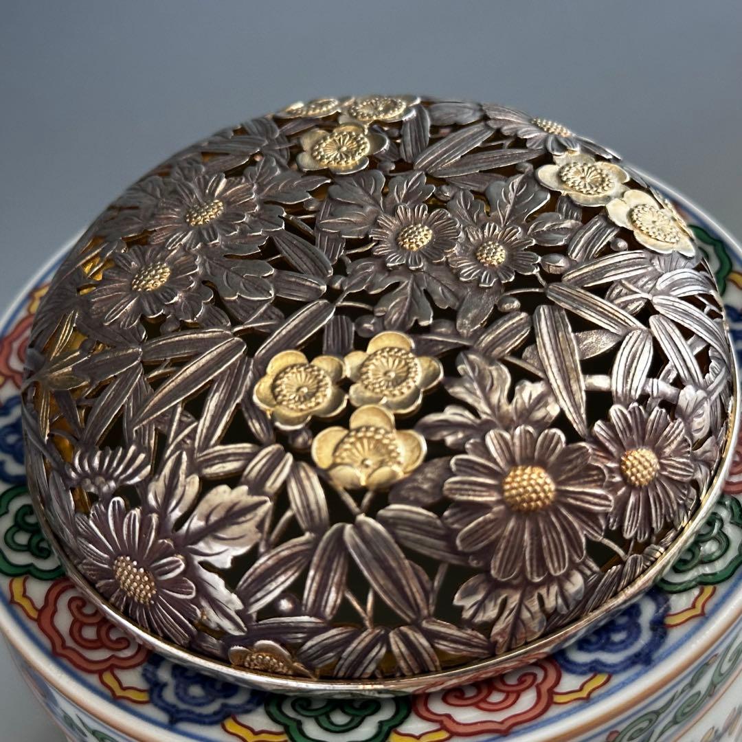 工芸品　赤絵　四君子図　香炉　五代　三浦竹泉　二重箱　信幸造純銀火舎　付　京焼