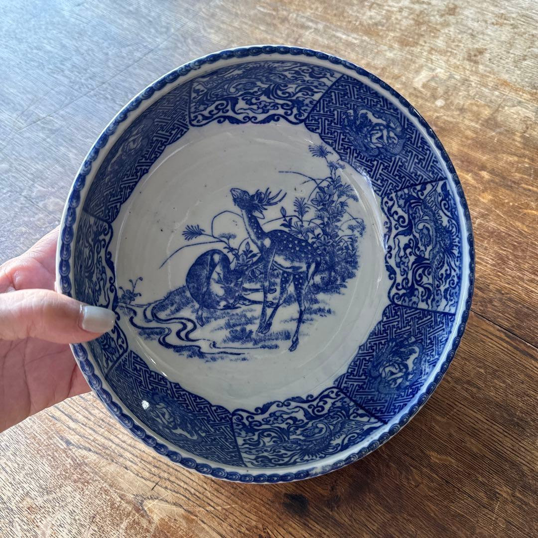 明治〜大正期 古伊万里 印判手 鹿に鳳凰龍人物文 丸鉢　K264