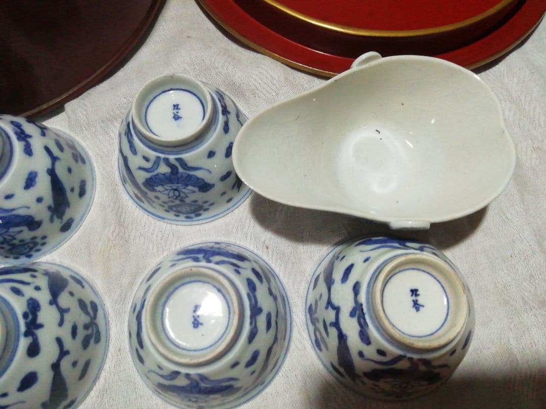 ♪時代九谷染付 煎茶揃い 朱漆茶櫃共