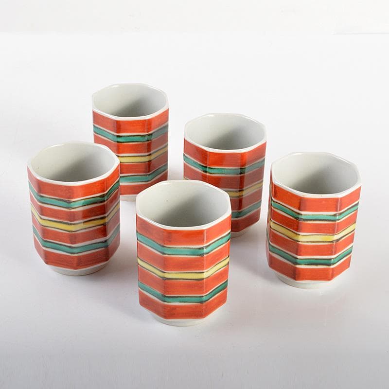 幸兵衛窯　色絵　筋文　八角　湯呑　5客　共箱　N　5991