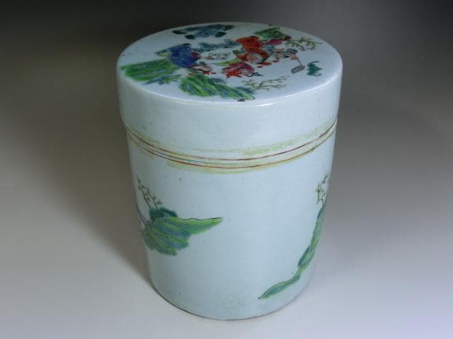 蓋物□中国陶磁器人物色絵合子 茶入 桃松 唐人 蓋鉢 丸筒鉢