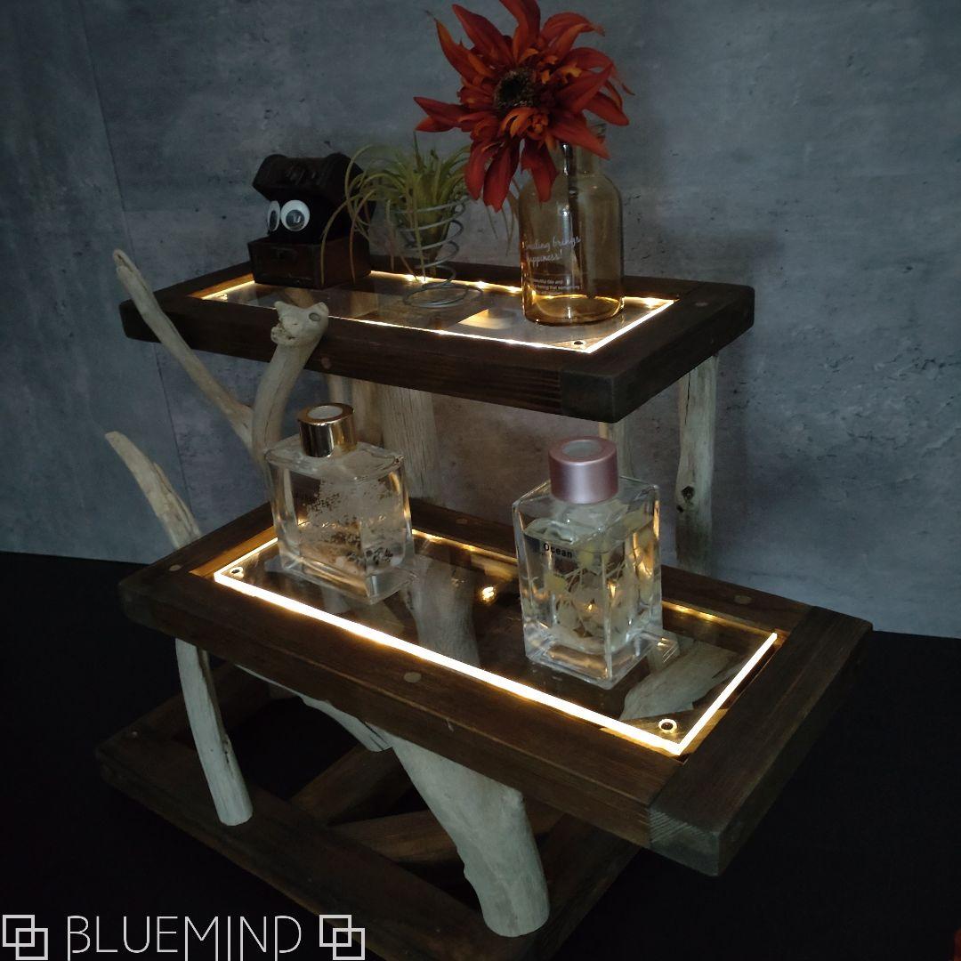 No.1409 アクリル×流木の間接照明付き2段シェルフ 流木インテリア