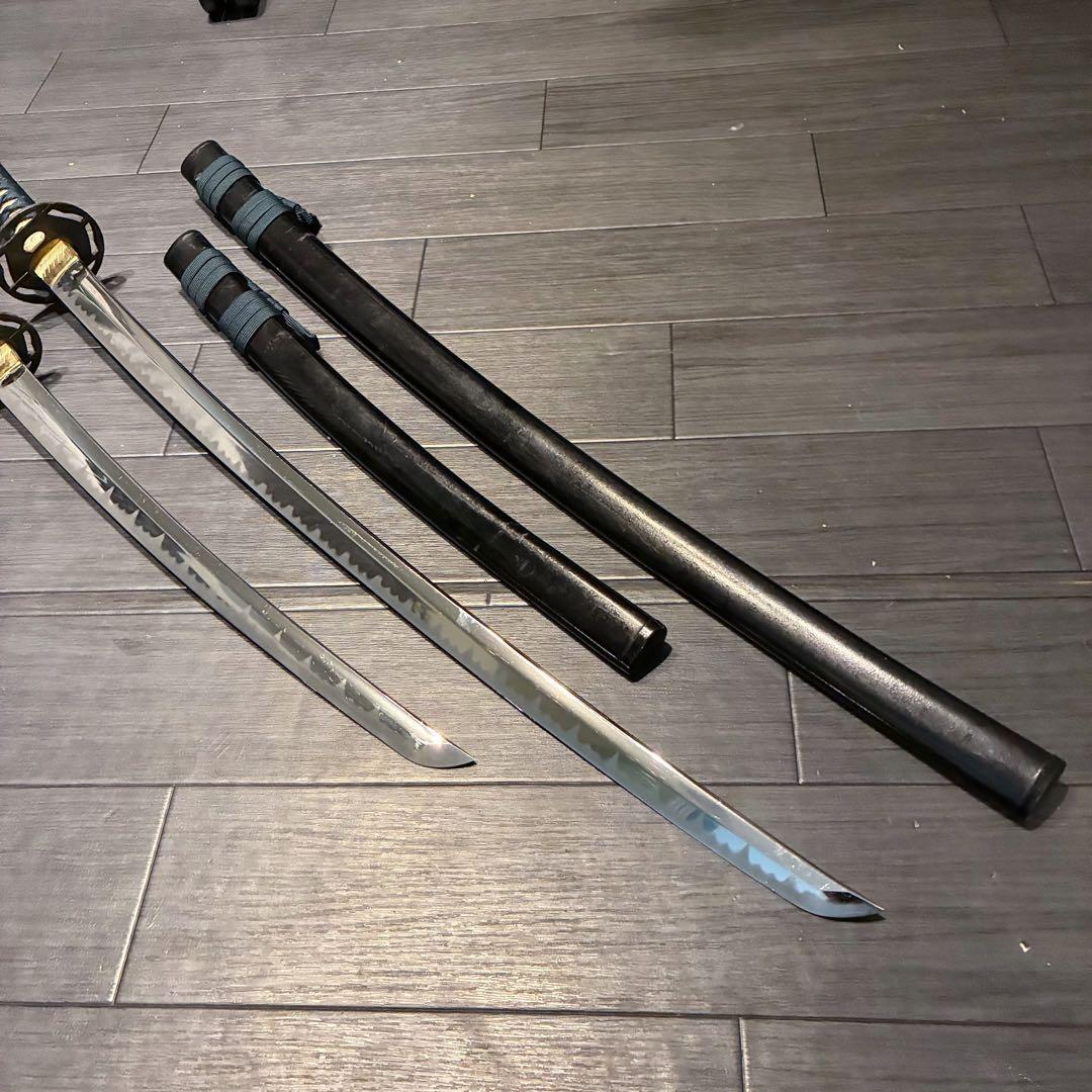 高級模造刀　金鍔　美術刀剣　太刀　脇差　大小セット　緑拵え　2本セット