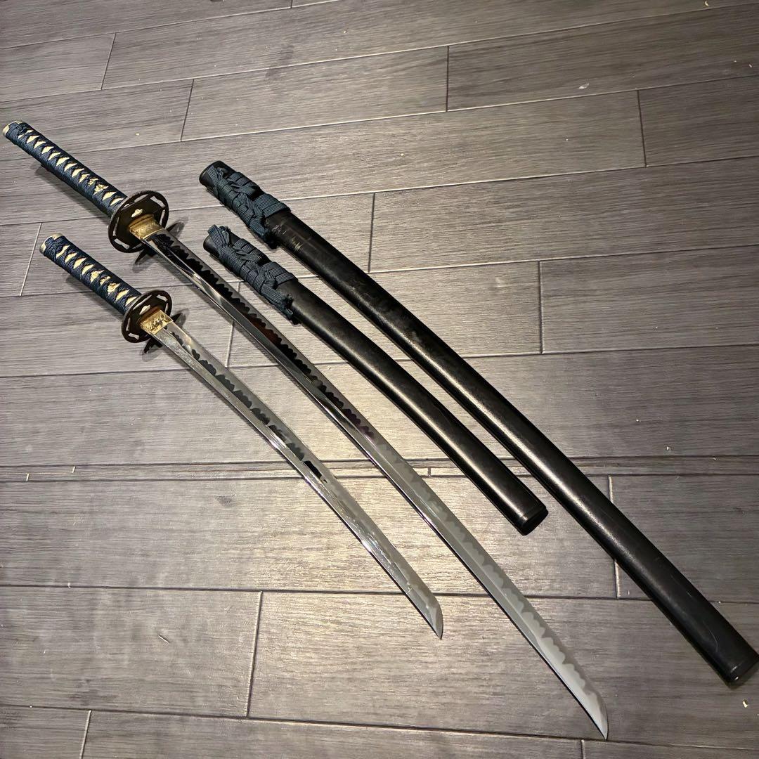 高級模造刀　金鍔　美術刀剣　太刀　脇差　大小セット　緑拵え　2本セット