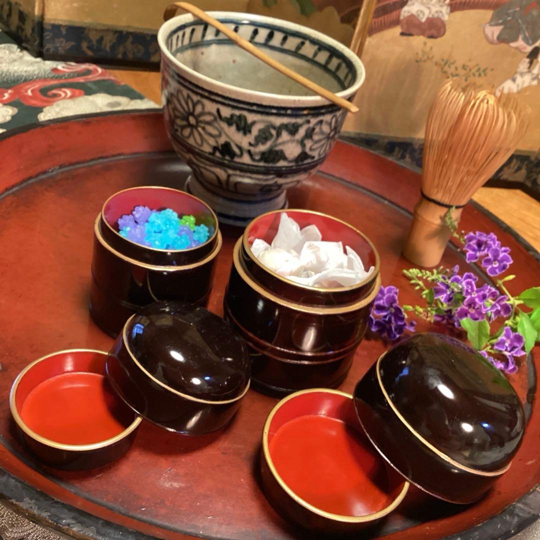 A1025 木製漆器　溜塗　　時代　化粧道具　菓子器　小物入（大、小）セット