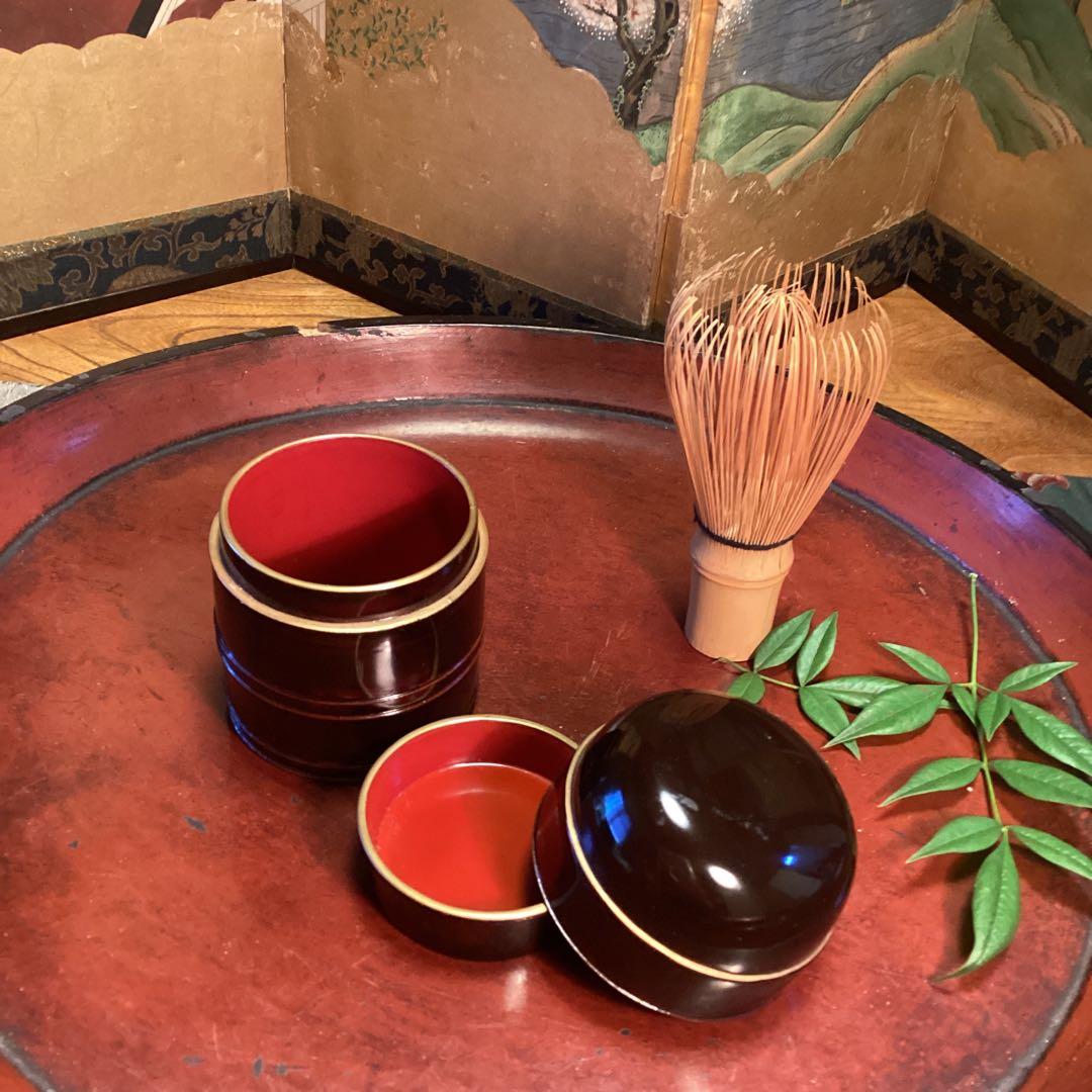 A1025 木製漆器　溜塗　　時代　化粧道具　菓子器　小物入（大、小）セット