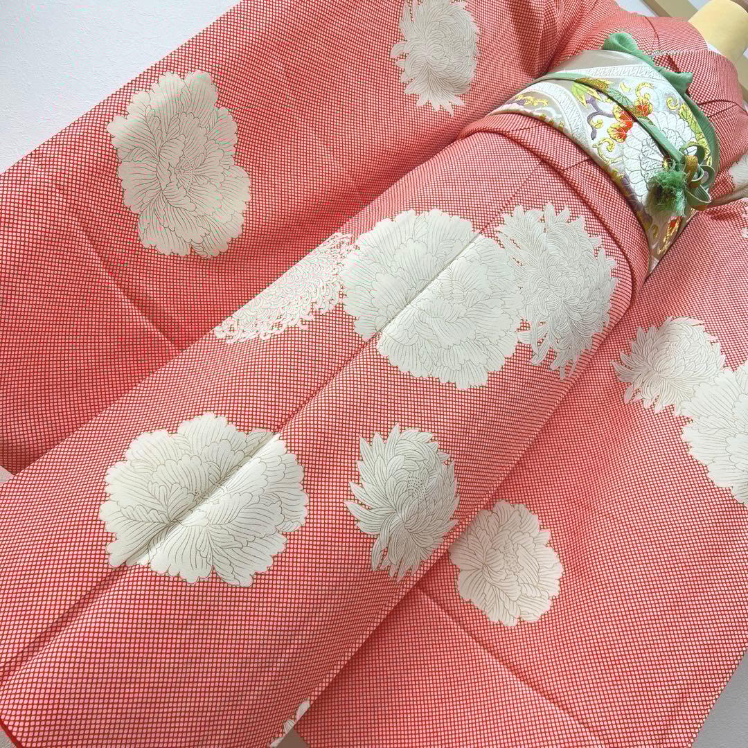 373 振袖フルセット 正絹 朱赤 橙オレンジ 金彩 手描き 小柄さん レトロ