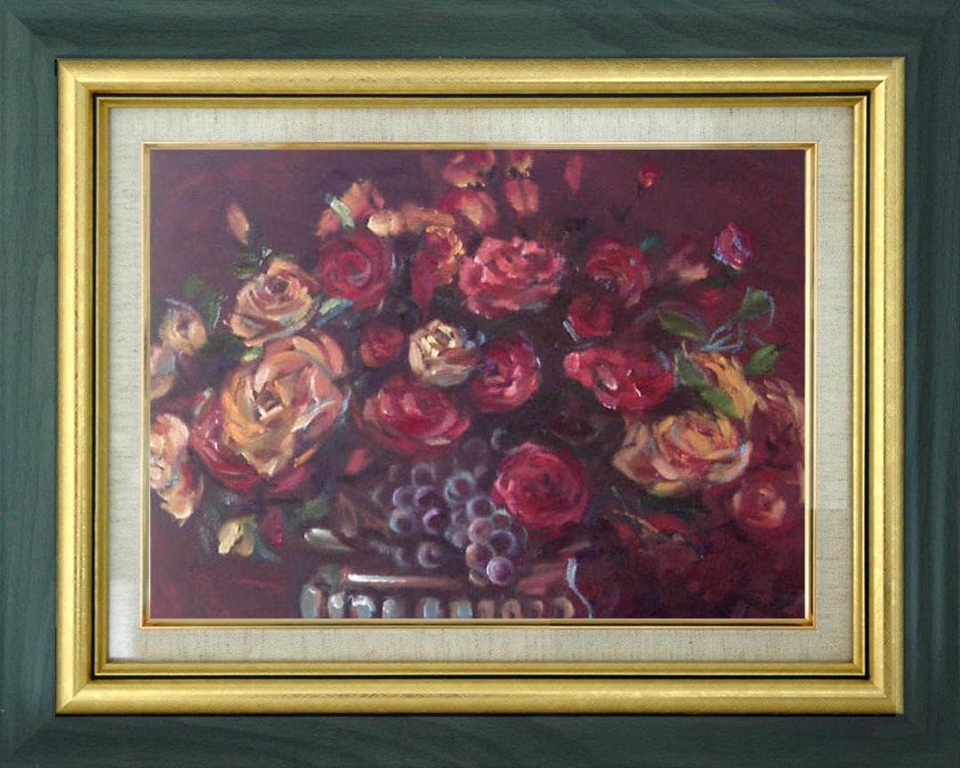 油絵 菅家令子 絵 絵画 インテリア 額付(白) uF6-113802 花 ばら