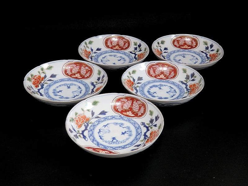 大聖寺伊万里　金襴手　牡丹に松竹梅の図　６寸皿　５枚　B269AS-BGi