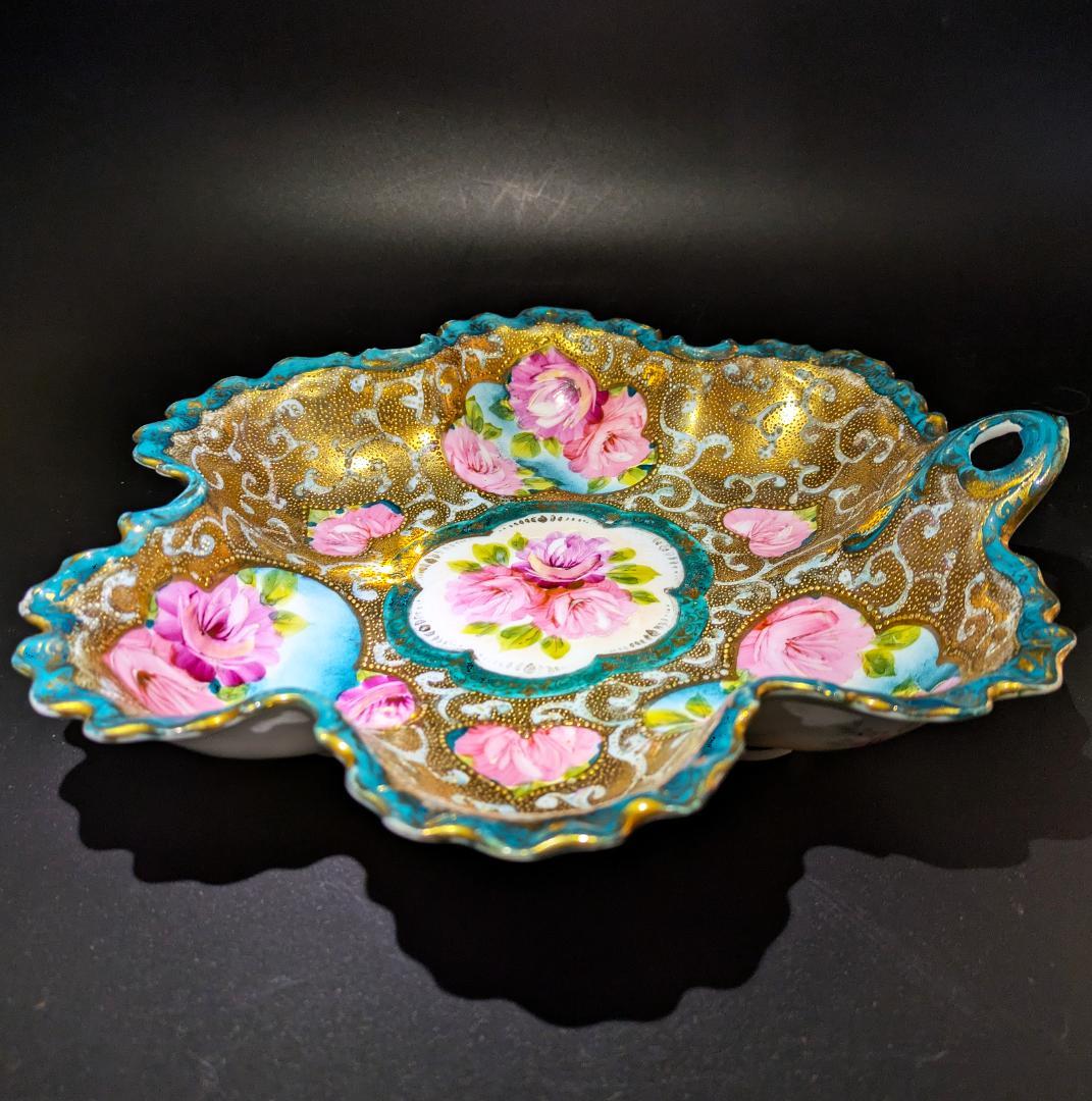 迫力のヘキサグラム★大皿★里帰り★金彩金盛上薔薇紋様持手六芒星大皿 25㎝