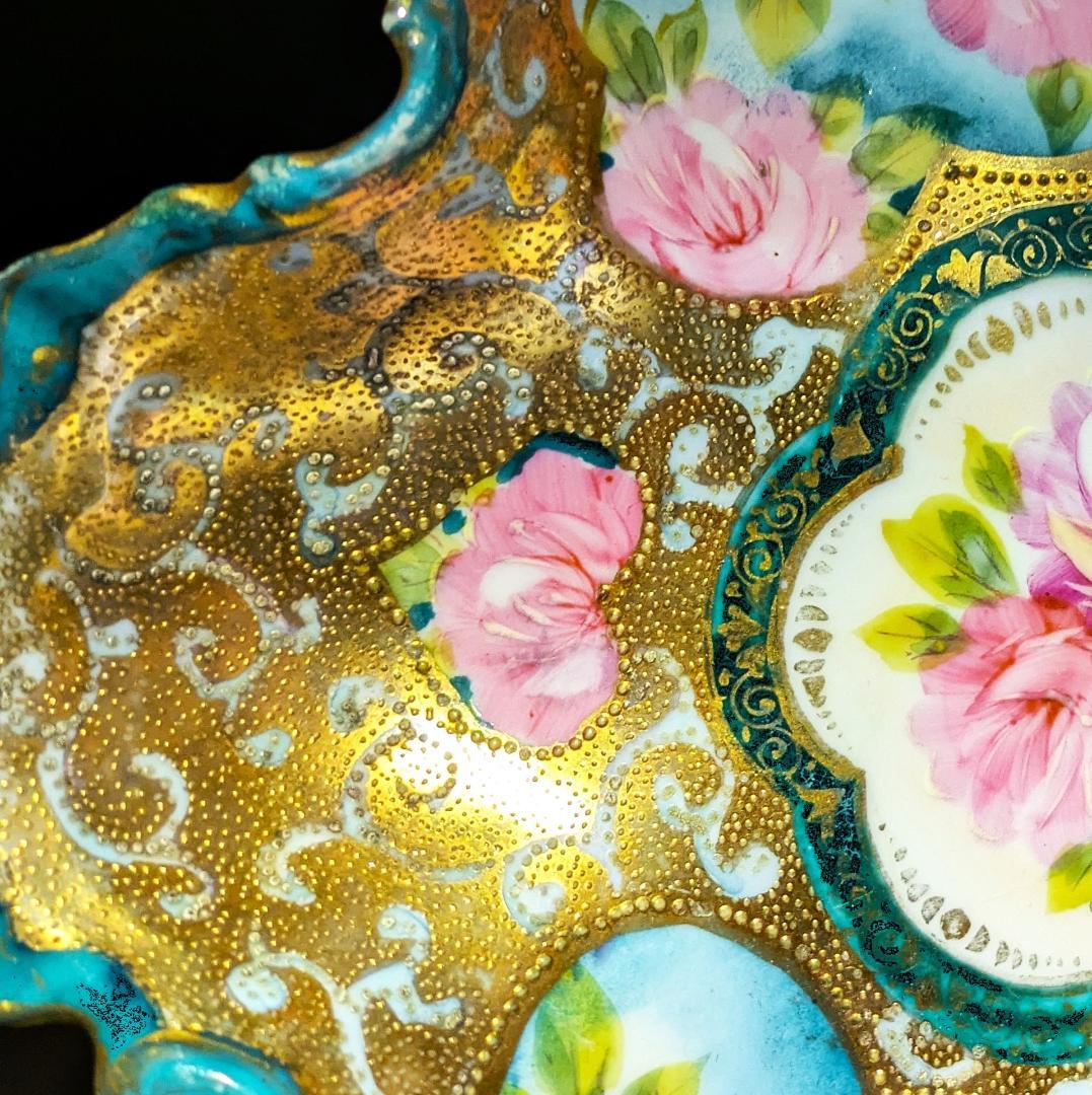 迫力のヘキサグラム★大皿★里帰り★金彩金盛上薔薇紋様持手六芒星大皿 25㎝